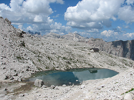 Mountain lake near refugio pisciadu sella group photo